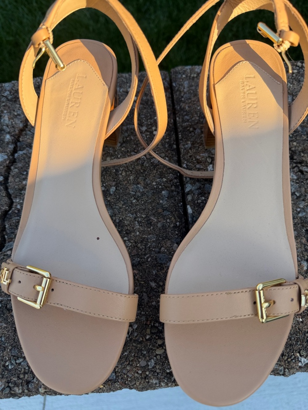 Lauren Ralph Lauren Tan Leather Ankle-Strap Sandals with Gold Buckles melissah